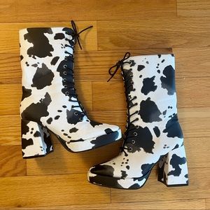 Nasty Gal | Faux Leather Cow Print Lace Up Platform Boots (Size 8)